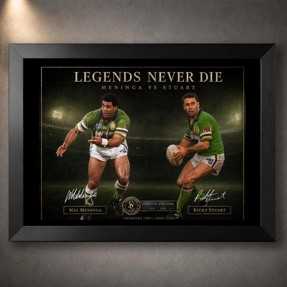 Black framed Meninga vs Stuart rugby league wall art featuring the Legends Never Die collector design.