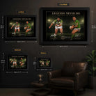 Meninga vs Stuart wall art size guide showing Small, Medium, Large and X Large framed dimensions.