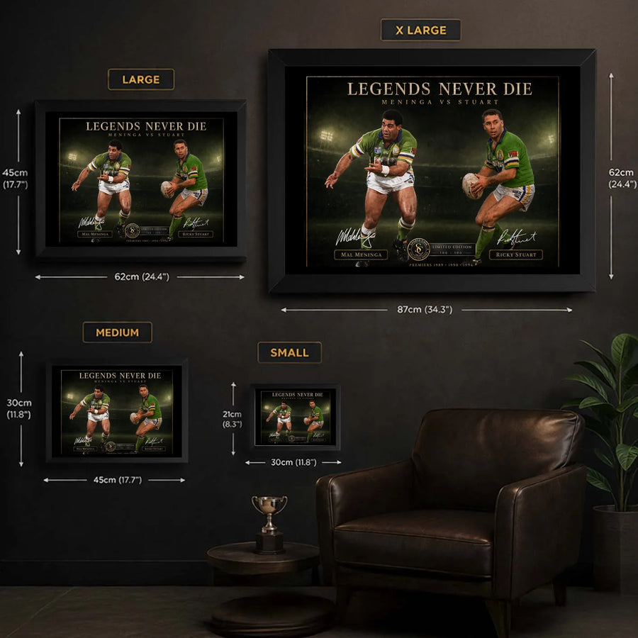 Meninga vs Stuart wall art size guide showing Small, Medium, Large and X Large framed dimensions.