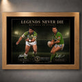 Oak framed Meninga vs Stuart rugby league wall art with the Legends Never Die collector design.