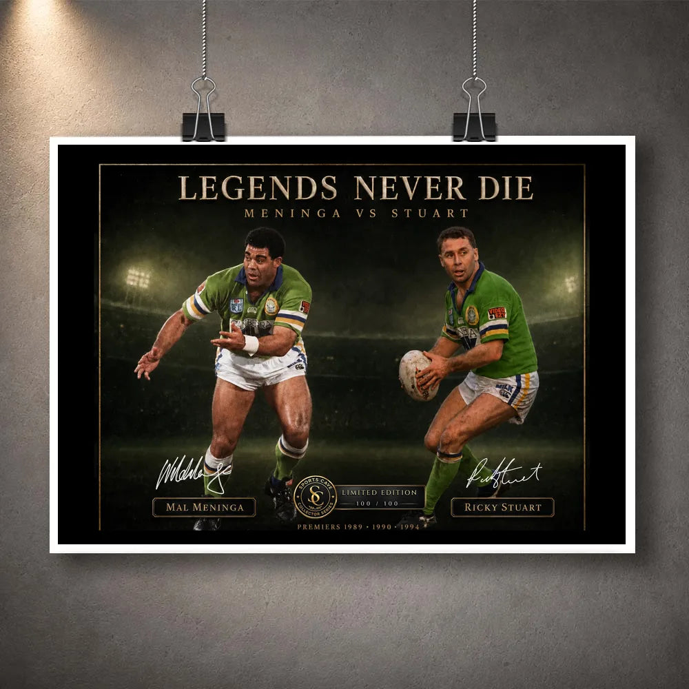 Unframed Meninga vs Stuart rugby league wall art showing the full Legends Never Die collector artwork.