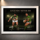White framed Meninga vs Stuart rugby league wall art with the Legends Never Die collector design.