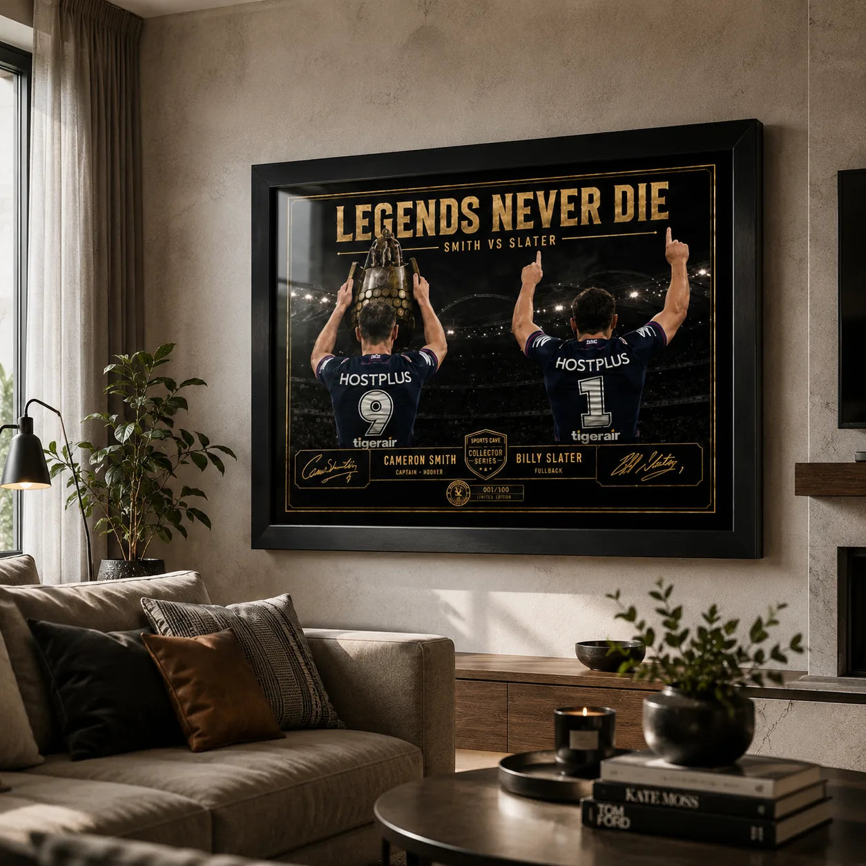 Smith VS Slater rugby league wall art displayed in a warm living room, black framed above a sofa in a neutral interior.