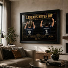 Smith VS Slater rugby league wall art displayed in a warm living room, black framed above a sofa in a neutral interior.