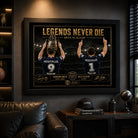 Smith VS Slater wall art displayed in a dark man cave, with the black framed rugby league tribute above a leather lounge setting.