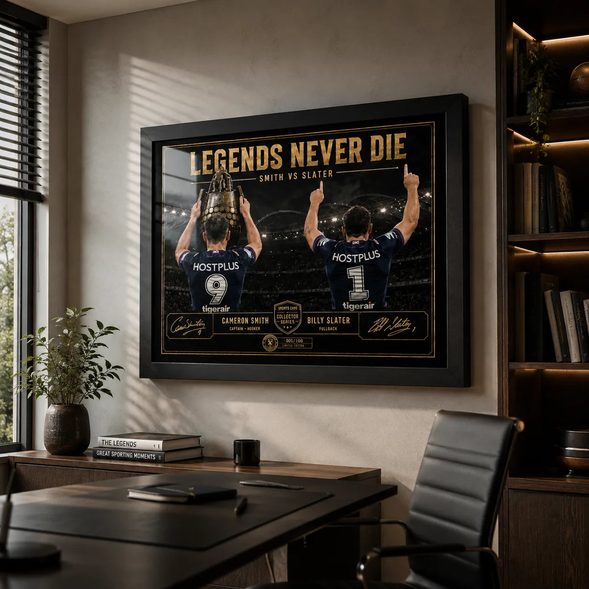 Legends Never Die Smith VS Slater wall art in a modern office, shown in a black frame above a desk and shelving.