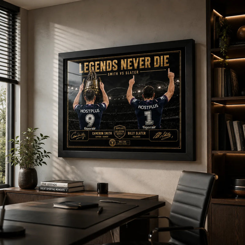 Legends Never Die Smith VS Slater wall art in a modern office, shown in a black frame above a desk and shelving.