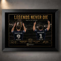Black framed Legends Never Die Smith VS Slater rugby league wall art featuring Cameron Smith and Billy Slater in a stadium tribute.