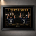 Black framed Legends Never Die Smith VS Slater rugby league wall art featuring Cameron Smith and Billy Slater in a stadium tribute.