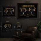 Legends Never Die Smith VS Slater wall art size guide showing Small, Medium, Large and X Large framed dimensions.