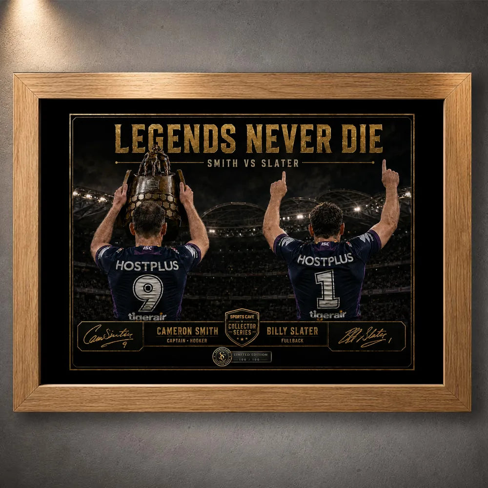 Oak framed Legends Never Die Smith VS Slater rugby league wall art featuring Cameron Smith and Billy Slater against a stadium background.