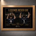 Oak framed Legends Never Die Smith VS Slater rugby league wall art featuring Cameron Smith and Billy Slater against a stadium background.