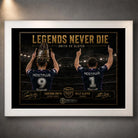 White framed Legends Never Die Smith VS Slater rugby league wall art featuring Cameron Smith and Billy Slater in the collector design.
