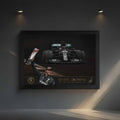 Framed poster of a Formula 1 car with a driver holding a trophy on a dark background