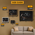 Size guide for wall art displayed on a brown wall with a sofa in the foreground.