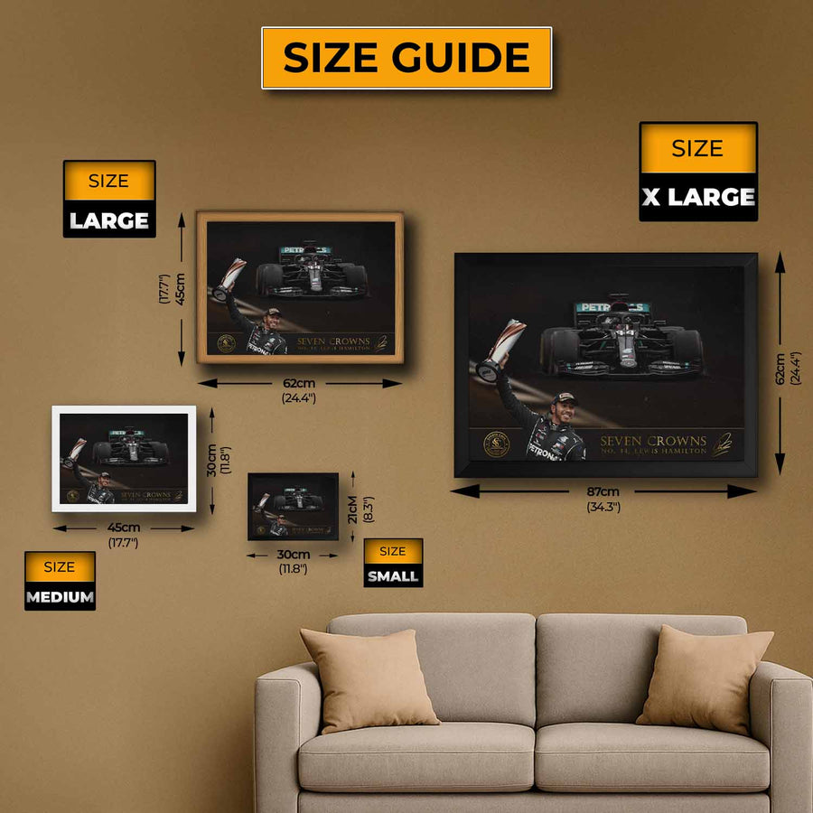 Size guide for wall art displayed on a brown wall with a sofa in the foreground.