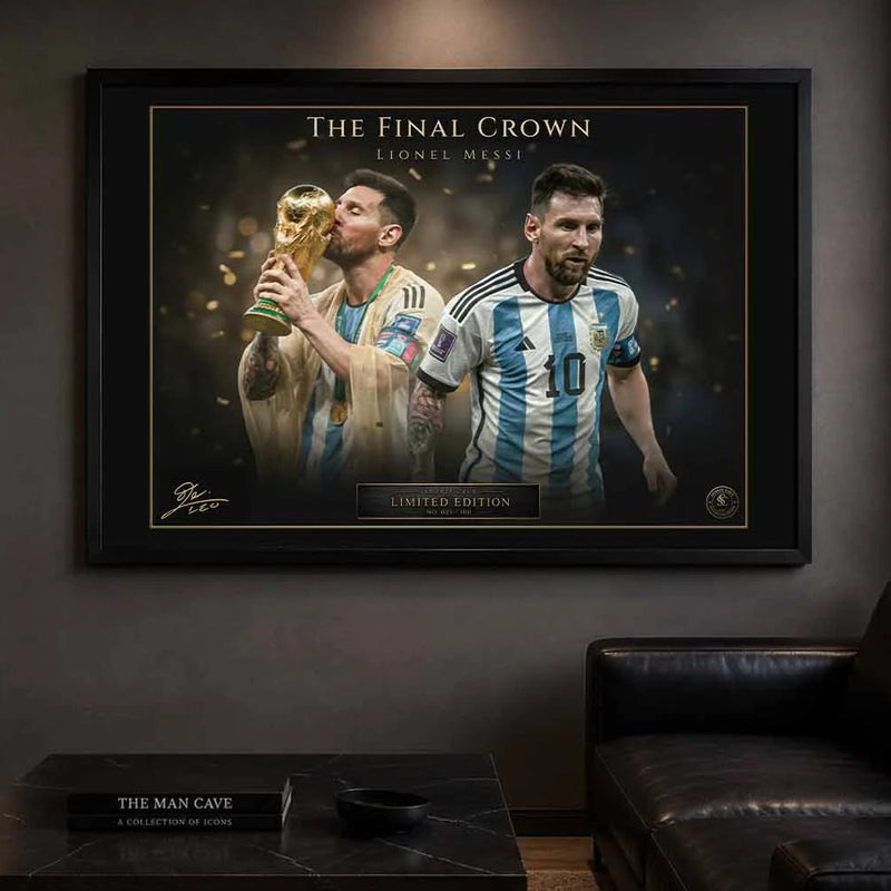 Lionel Messi framed sports wall art displayed in a luxury man cave with cinematic ambient lighting.