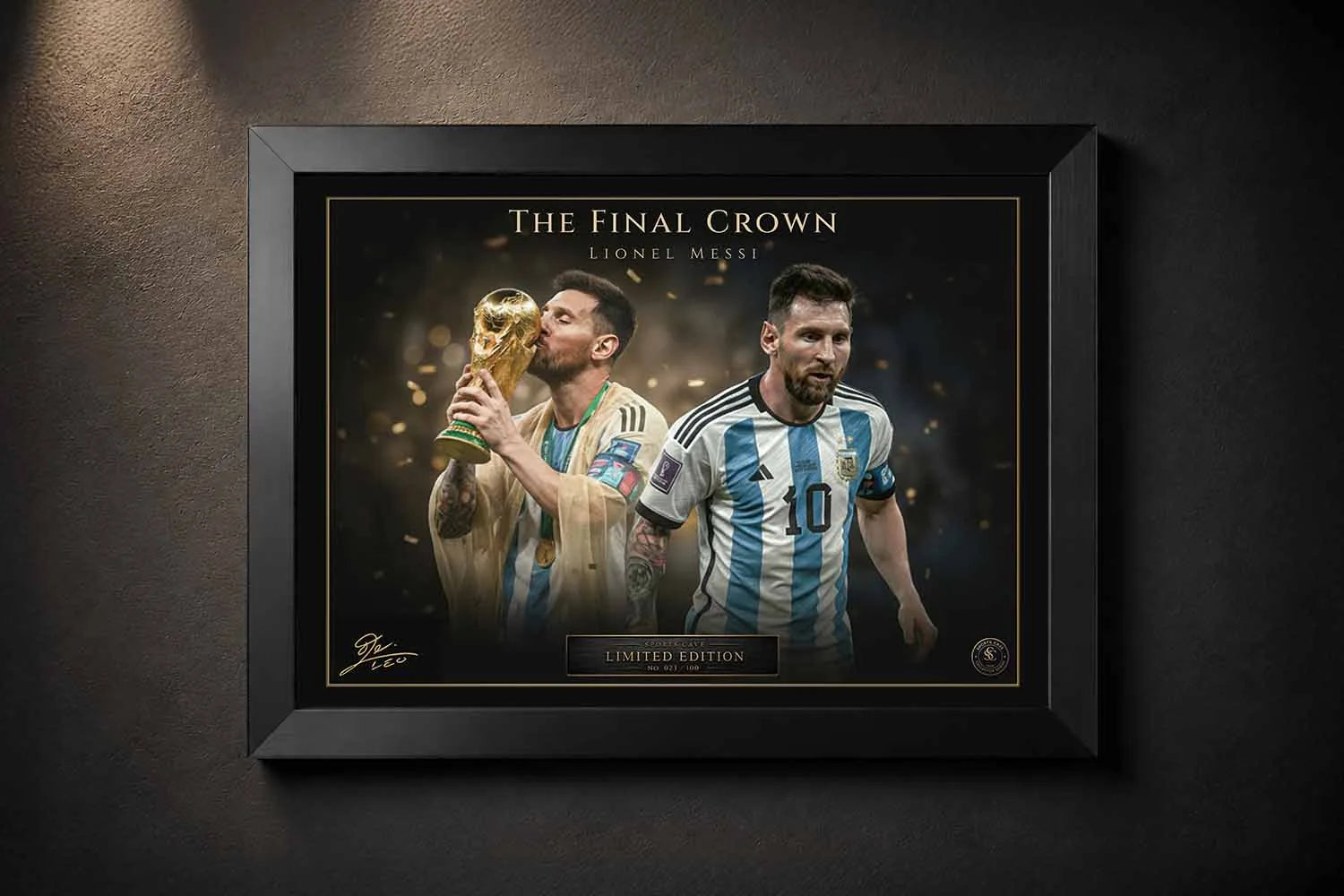 Black framed Lionel Messi World Cup sports wall art celebrating Argentina’s historic championship win.