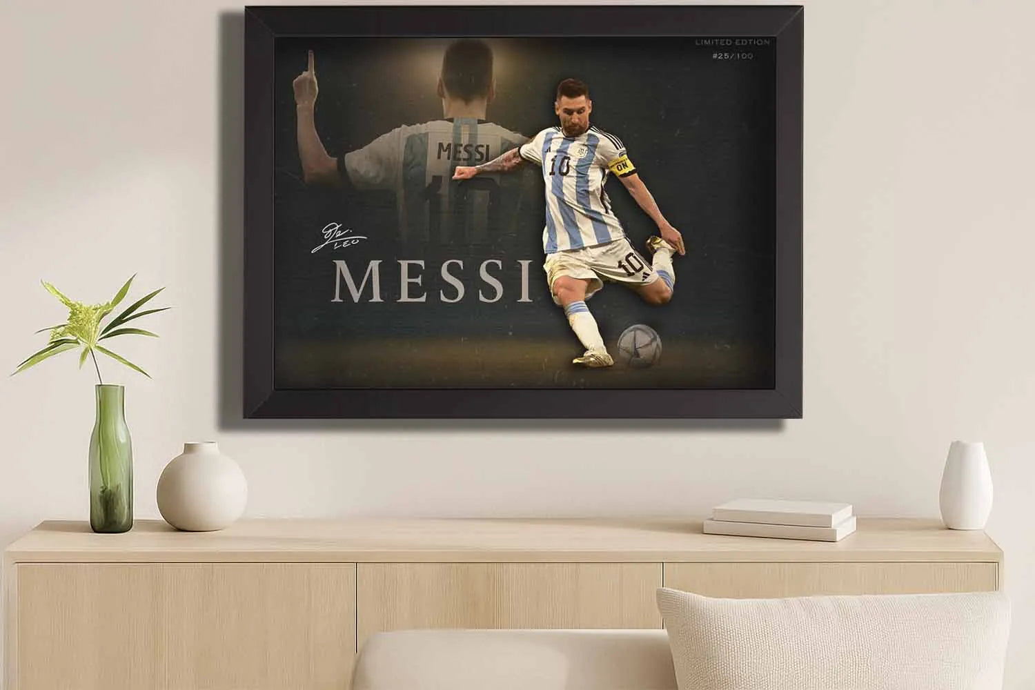 Lionel Messi Argentina framed wall art styled in a modern living room — Sports Cave premium sports collectibles.