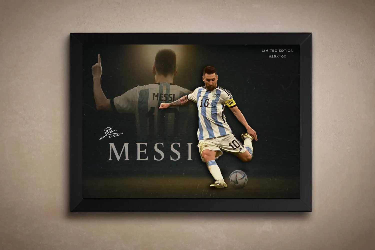 Lionel Messi wall art in Argentina kit — black-framed by Sports Cave; premium framed sports memorabilia for man cave decor.