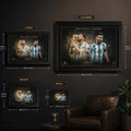 Lionel Messi framed sports memorabilia size guide showing small, medium, large and XL wall art options.
