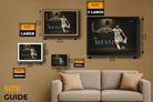 Lionel Messi Argentina wall art size guide — framed and unframed options by Sports Cave for collectors of sports wall art.