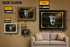 Lionel Messi framed sports art size guide showcasing small, medium, large, and extra-large poster dimensions — ideal for man cave wall décor and premium sports collectibles.