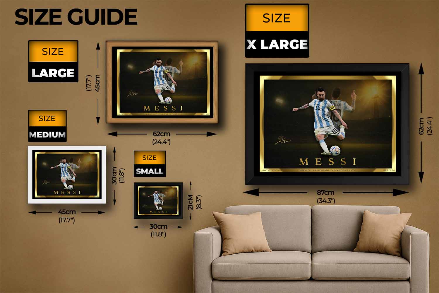 Lionel Messi framed sports art size guide showcasing small, medium, large, and extra-large poster dimensions — ideal for man cave wall décor and premium sports collectibles.