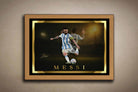 Lionel Messi wall art in a premium oak frame, featuring limited edition sports art perfect for man cave décor and framed sports memorabilia collections.