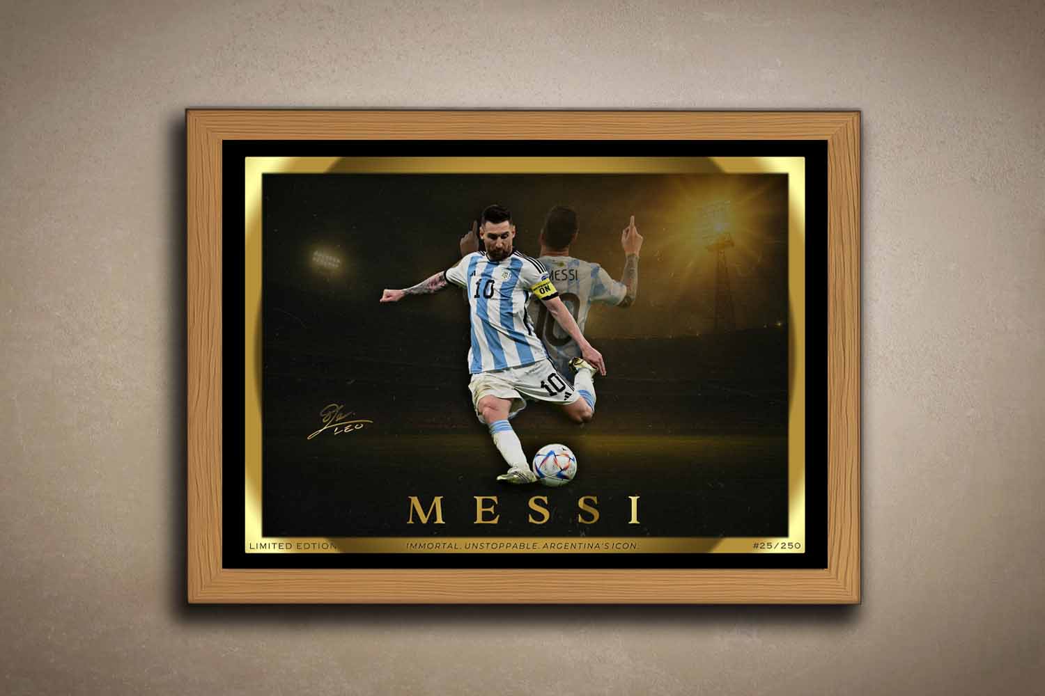 Lionel Messi wall art in a premium oak frame, featuring limited edition sports art perfect for man cave décor and framed sports memorabilia collections.