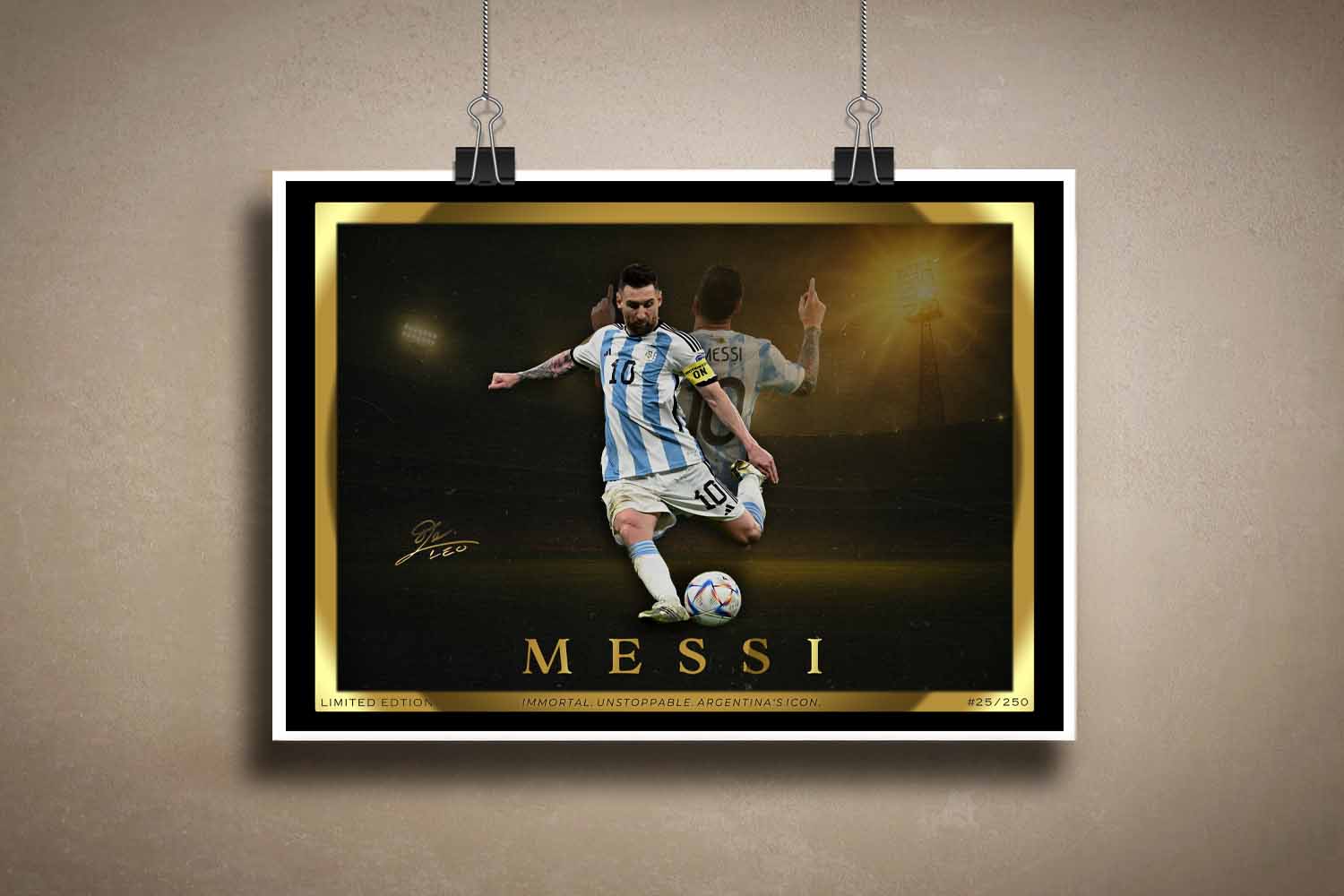 Unframed Lionel Messi wall art print featuring a limited edition design — perfect for fans seeking affordable premium sports collectibles or custom sports wall art.