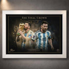 White framed Lionel Messi World Cup artwork featuring Argentina legend in premium sports collectibles display.