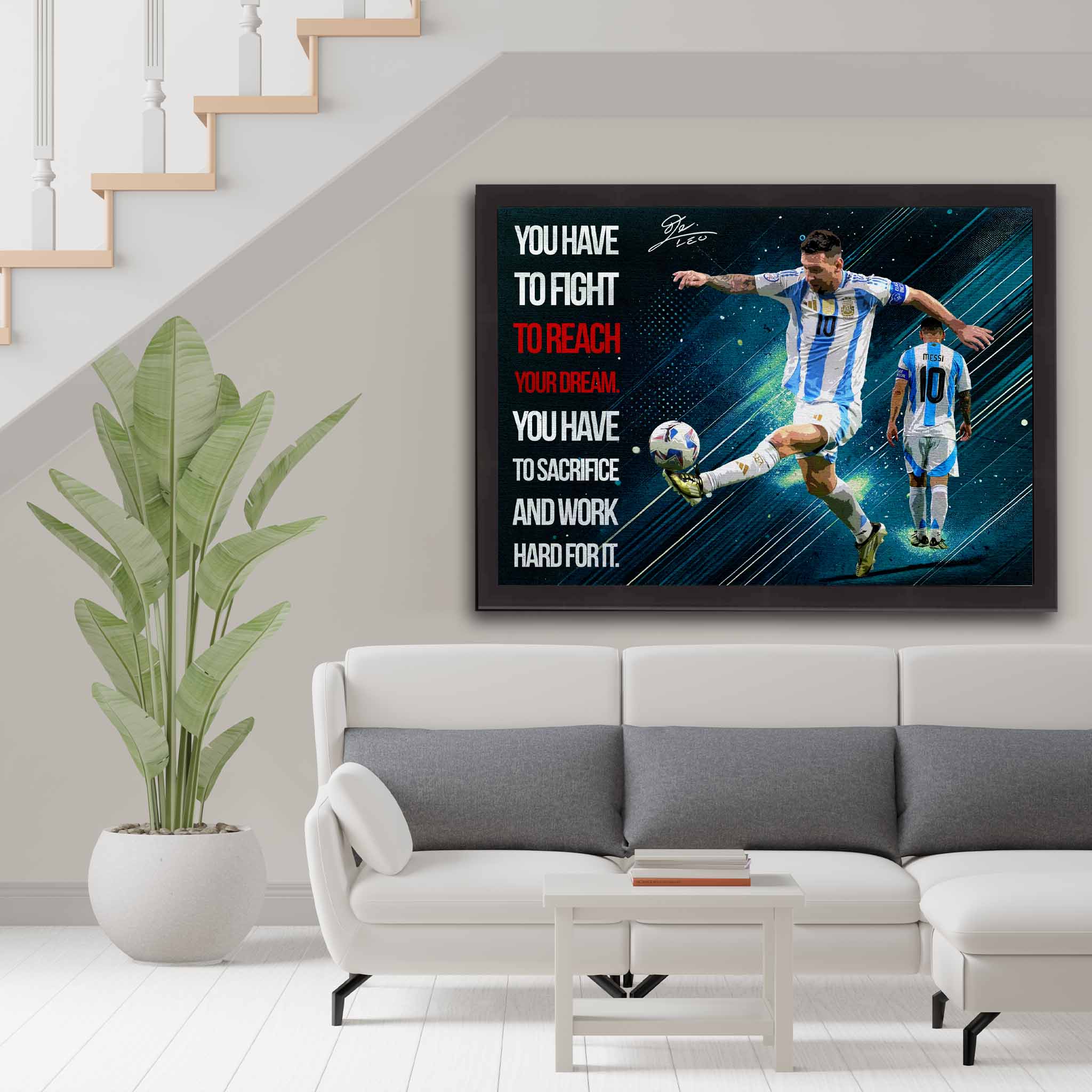 Lionel Messi wall art displayed in a modern living space, featuring his motivational quote as limited edition framed sports art for collectors and fans.