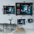 Size guide showing all four poster formats of our limited-edition Lionel Messi wall art, a motivational framed sports art piece perfect for man cave wall décor or gym setups.