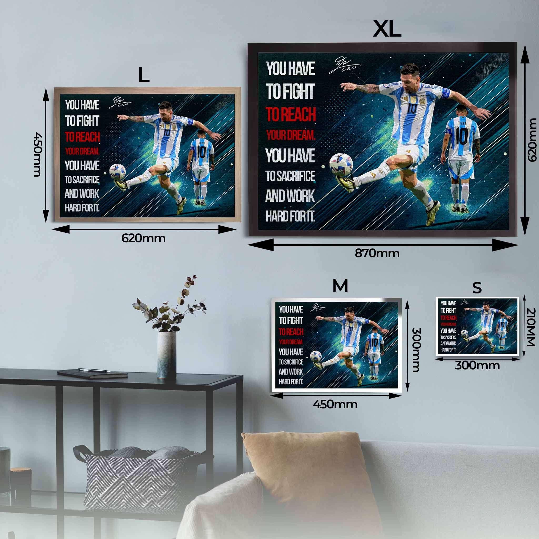 Size guide showing all four poster formats of our limited-edition Lionel Messi wall art, a motivational framed sports art piece perfect for man cave wall décor or gym setups.