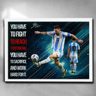 White frame edition of Lionel Messi wall art featuring his iconic quote, a premium piece of framed sports art for true football fans.