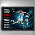 Framed Lionel Messi motivational wall art featuring Argentina kit, inspirational quote, and dynamic action design.