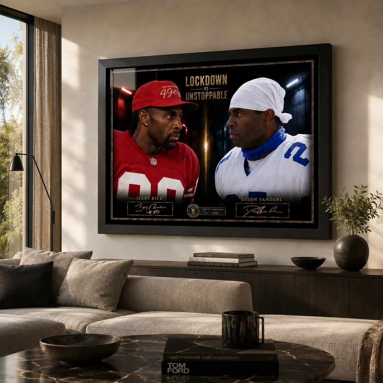 Lockdown VS Unstoppable Jerry Rice and Deion Sanders wall art displayed in a modern living room with a black frame.