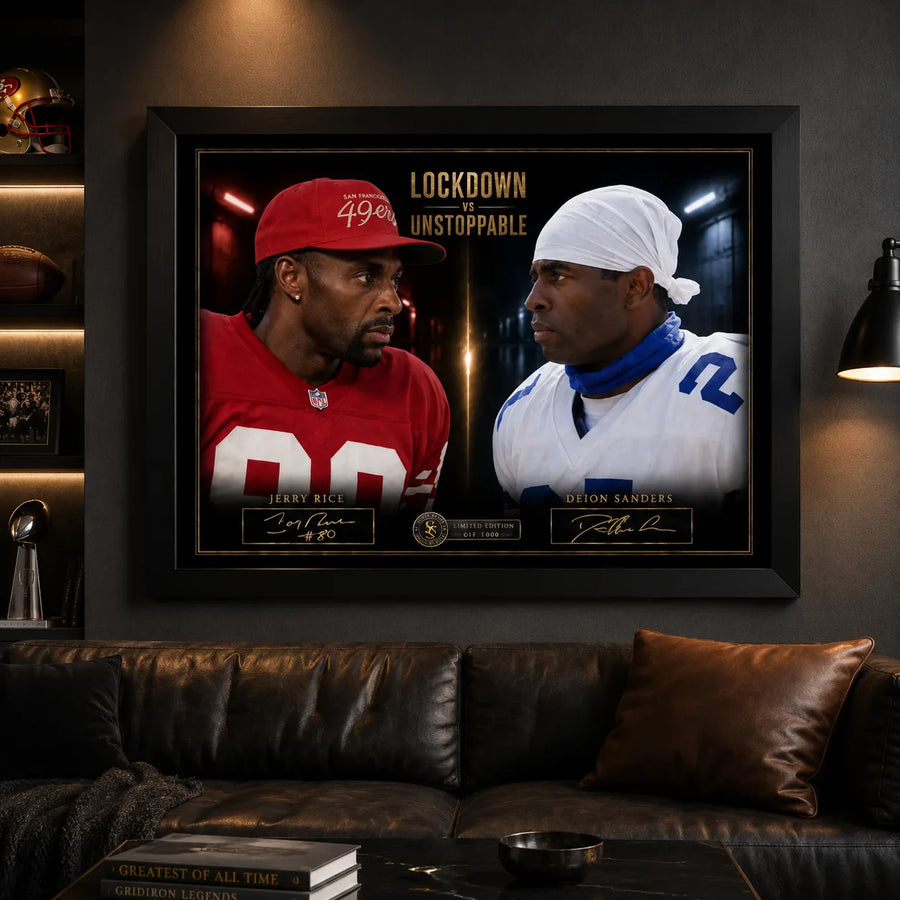 Black framed Jerry Rice and Deion Sanders NFL wall art displayed above a leather sofa in a dark sports man cave.