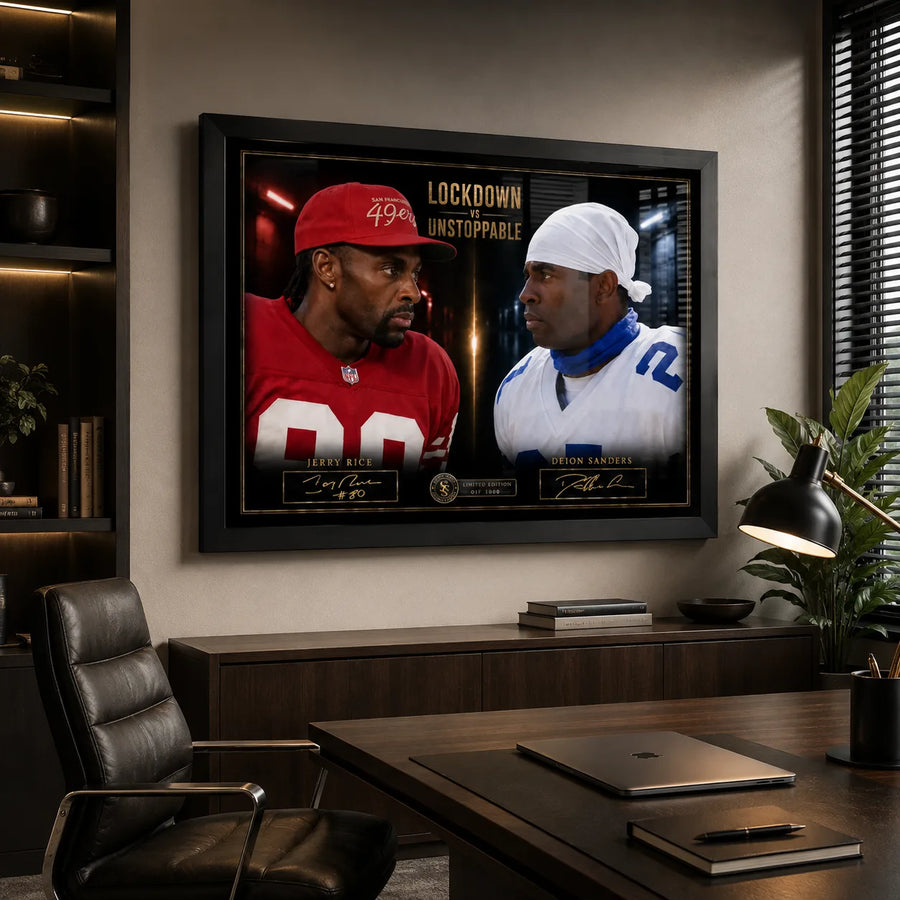 Lockdown VS Unstoppable NFL wall art featuring Jerry Rice and Deion Sanders displayed in a modern office setting.