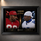 Black framed Lockdown VS Unstoppable NFL wall art featuring Jerry Rice and Deion Sanders in a face-off collector design.