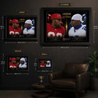 Lockdown VS Unstoppable wall art size guide showing Small, Medium, Large and X Large framed dimensions.