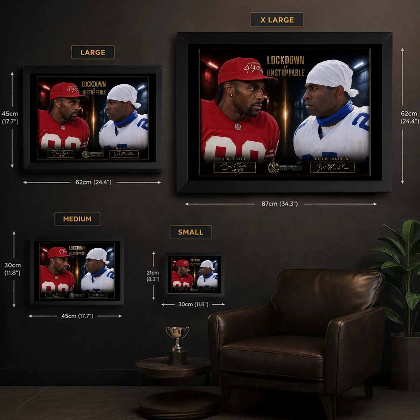 Lockdown VS Unstoppable wall art size guide showing Small, Medium, Large and X Large framed dimensions.