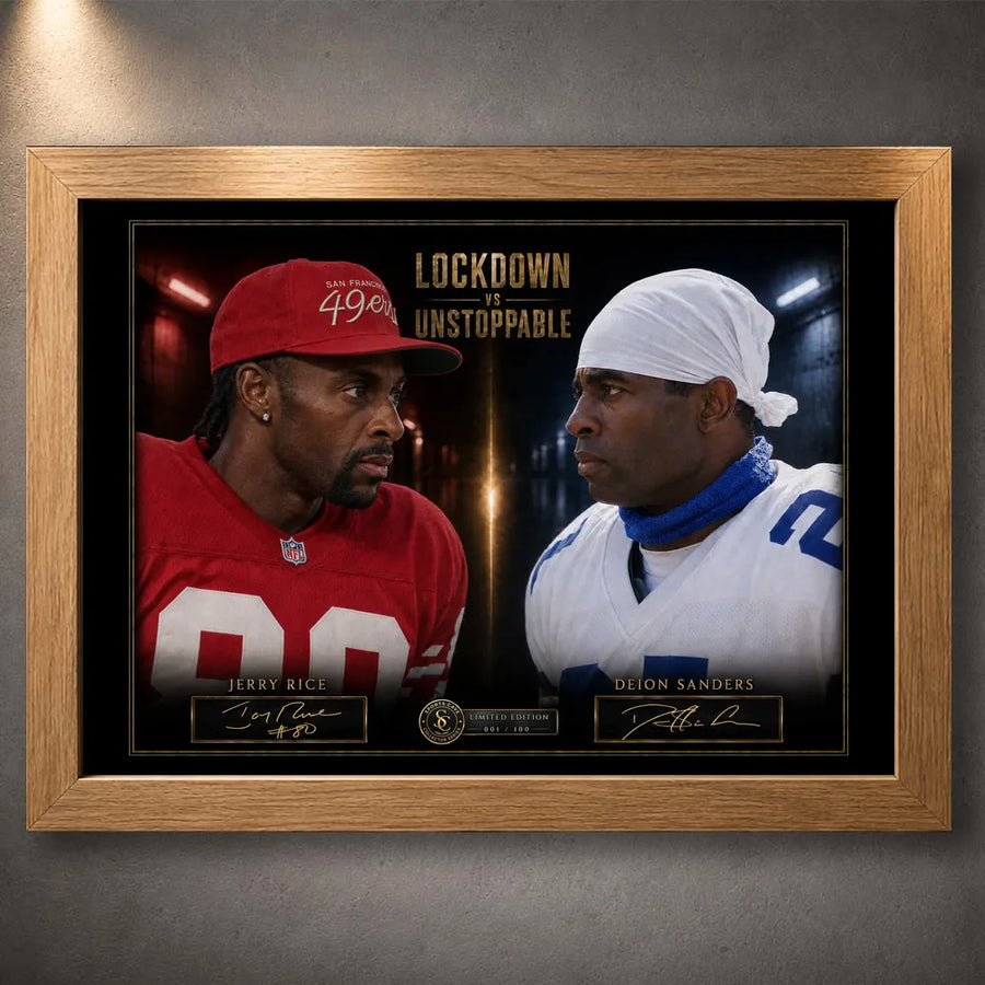 Oak framed Lockdown VS Unstoppable NFL wall art featuring Jerry Rice and Deion Sanders in the collector face-off design.