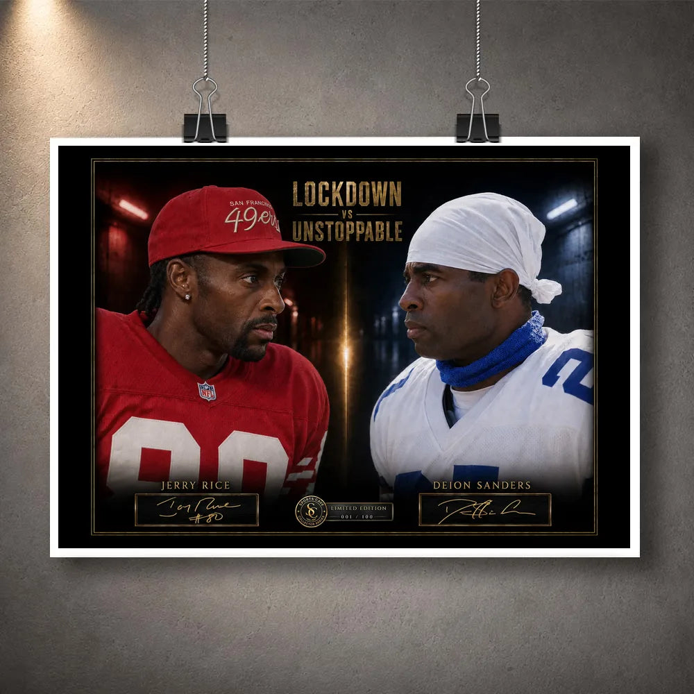 Unframed Lockdown VS Unstoppable NFL wall art featuring Jerry Rice and Deion Sanders in the black and gold collector design.