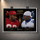 Unframed Lockdown VS Unstoppable NFL wall art featuring Jerry Rice and Deion Sanders in the black and gold collector design.