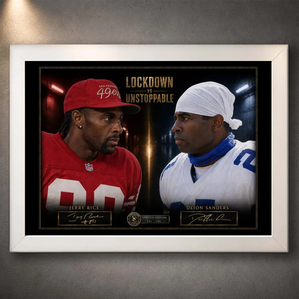 White framed Lockdown VS Unstoppable NFL wall art featuring Jerry Rice and Deion Sanders in the collector face-off design.