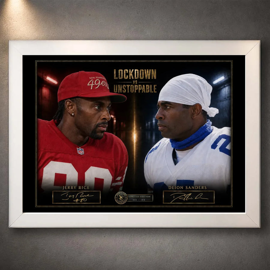 White framed Lockdown VS Unstoppable NFL wall art featuring Jerry Rice and Deion Sanders in the collector face-off design.