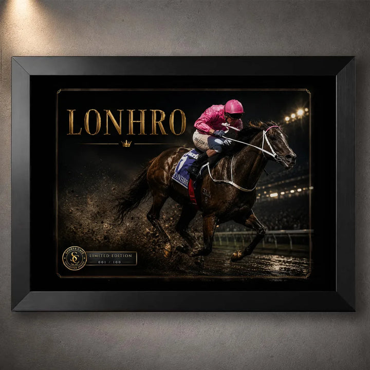 Lonhro horse racing wall art displayed in a black frame against a grey wall with soft overhead lighting.