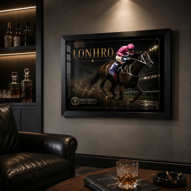 Black-framed Lonhro horse racing wall art mounted in a dark man cave beside leather seating and timber shelving.